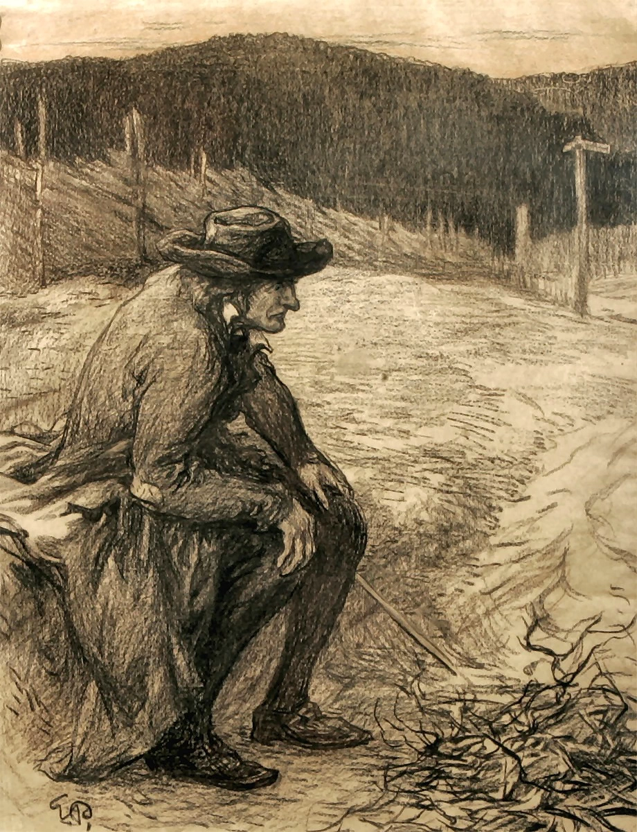 Uomo in cappello e cappotto davati al fuoco